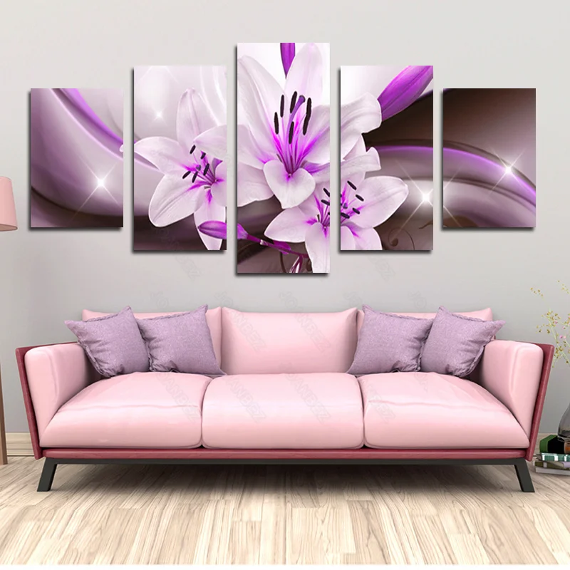 

Modern Style Canvas Material Decoration Painting Pink Purple Lily and Ribbon Design Background Poster Living Room Furniture Sofa