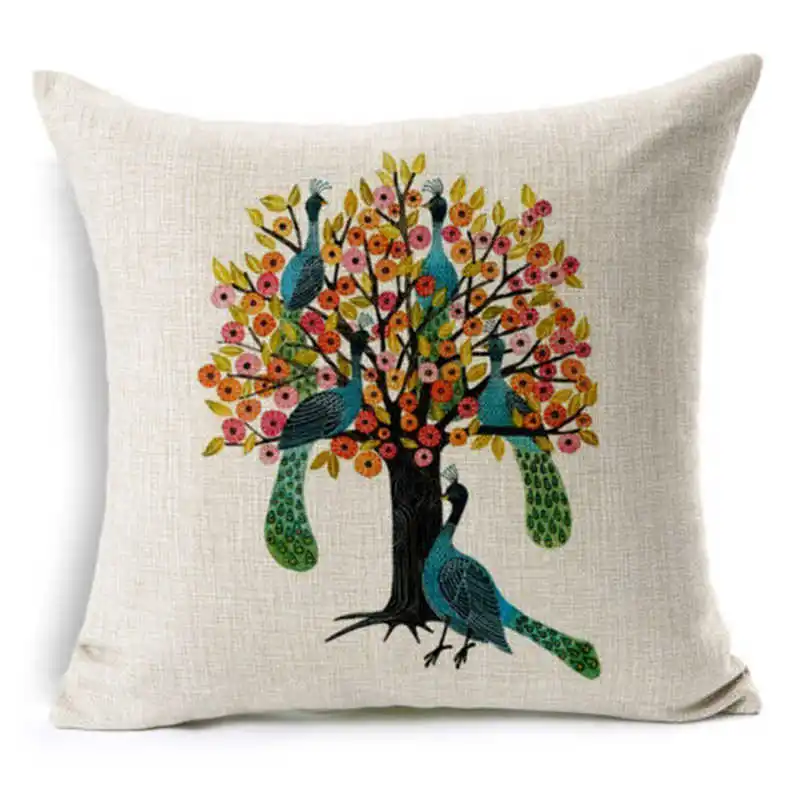 

Pillow Vintage Cushion Case Style Cover Linen Decor Birds Cotton Trees & Home