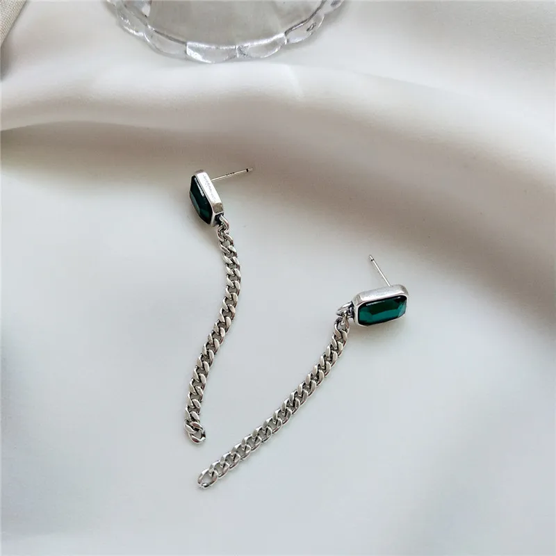 

POFUNUO Real 925 Sterling Silver Green Diamond Zircon Long Tassel Drop Earrings For Women Fine Wedding Jewelry Dangle Earrings