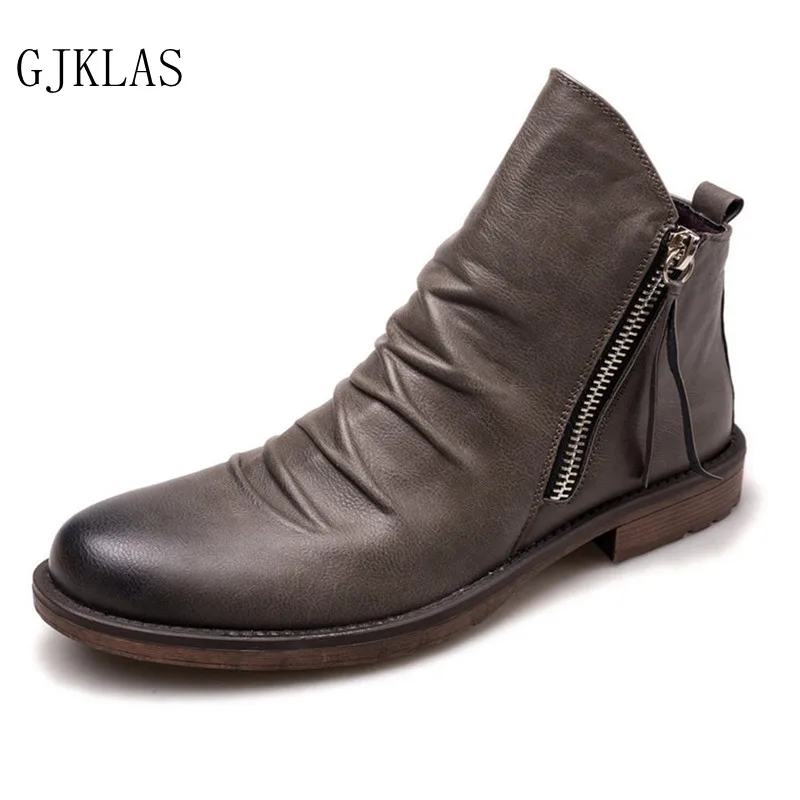 

Leather Boots Plue Size Waterpoof Men Ankle Boots Fashion Casual Double Zippers Motorcycle Boots Shoes Retro Bota Cowboy Boot