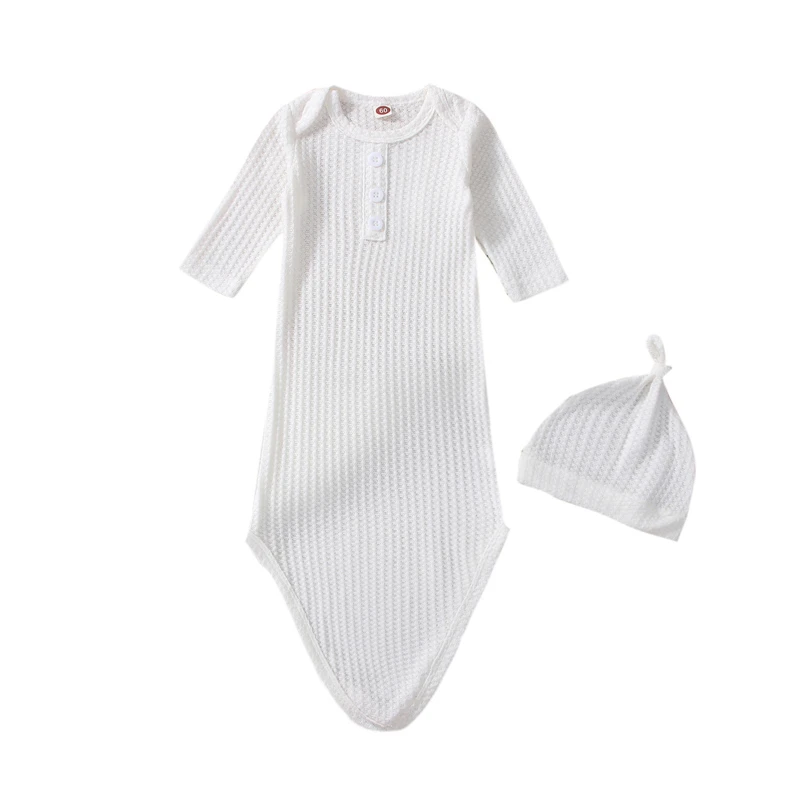 

2Pcs Newborn Baby Sleeping Bag Solid Color Waffle Button Long Sleeve Swaddling Clothes and Hat Set Holding Quilt 0-3 Months
