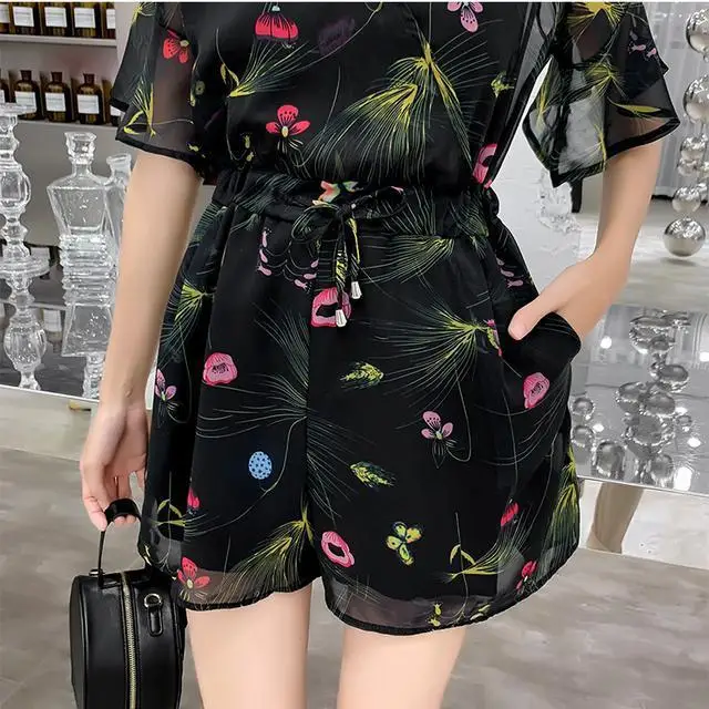 

2021 New Summer Women Boho Beach Clothes Tunic Floral Print Short Jumpsuit Female Korean Chiffon Loose Playsuits Overalls