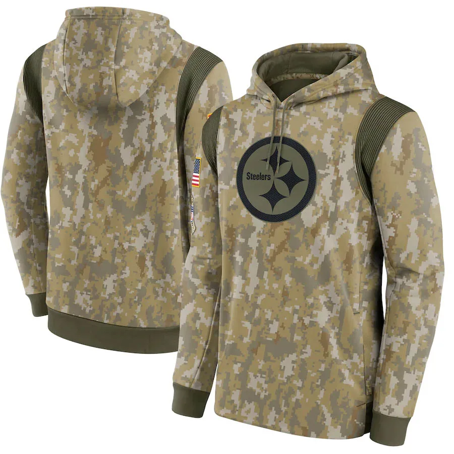 

New camouflage Pittsburgh Men's Steelers 2021 Salute To Service Sideline Therma Performance Pullover Oversized Hoodie Olive Camo