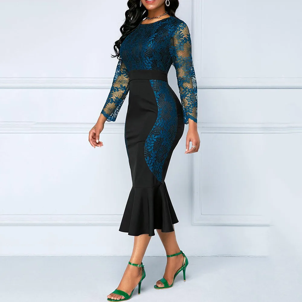 Женское осеннее элегантное платье русалки 2019 длинные рукава кружевное Цветочное