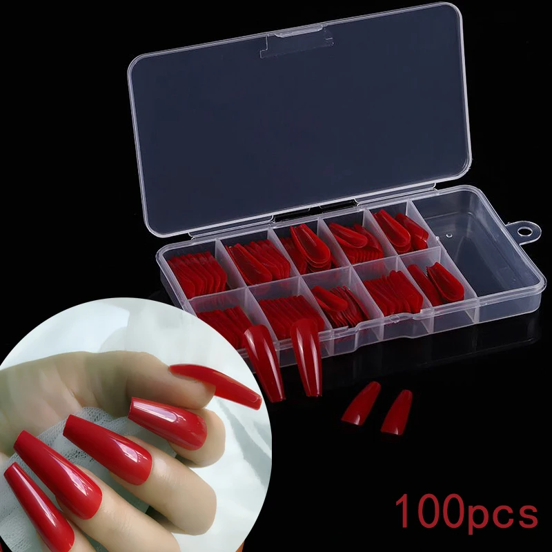 

24pcs /100pcs fake nails glaze Red Press on False Nails Extra Long Coffin Ballerina Without glue Nail Art Salon must have