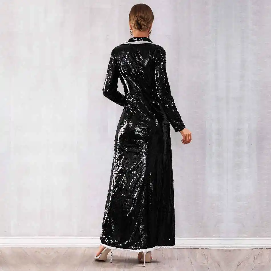 Seamyla 2020 New Fashion Women Coat Long Sleeve Runway Trench Sexy Split Black Sequined Celebrity Evening Party Coats Vestidos | Женская