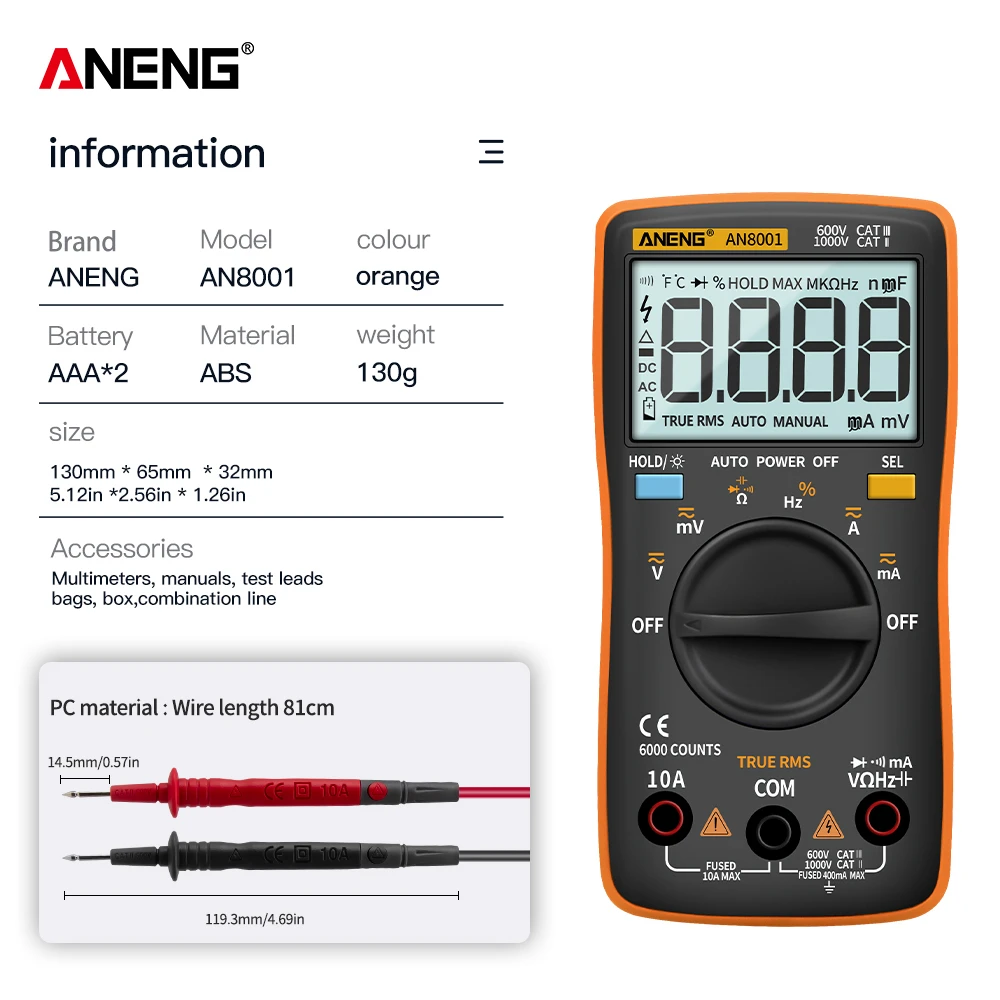 

AN8001 Digital Multimeter Profesional 6000 Counts Capacitor tester EsrMeter Voltage Multitester Universal Meter Tester ANENG
