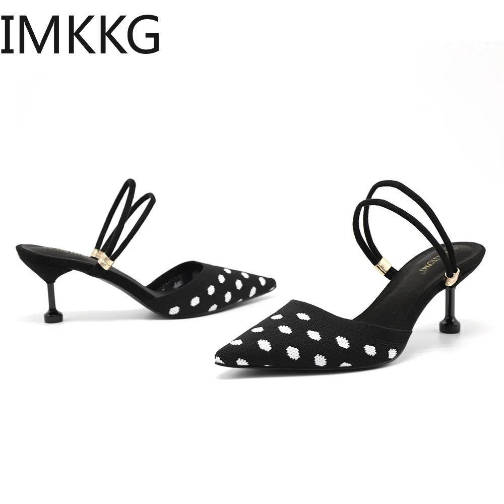 Женские босоножки с острым носком в горошек летние дамские тапочки на тонком