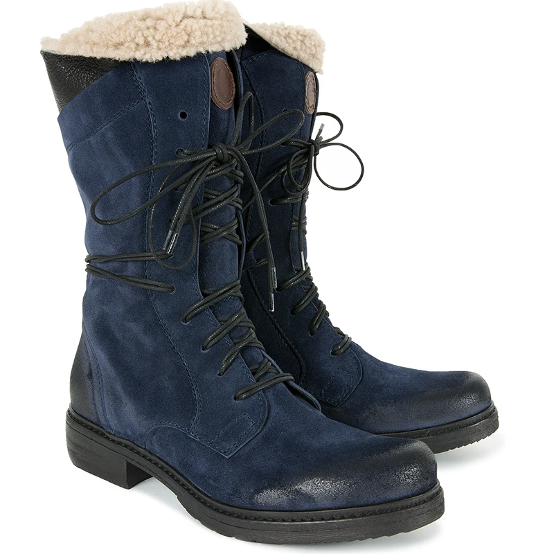 

2020 Winter Botas Mujer Women Mid-Calf Boots Flat Side Zipper Plush Warm Boots Ladies Solid Color Suede Lace-Up Casual Boots
