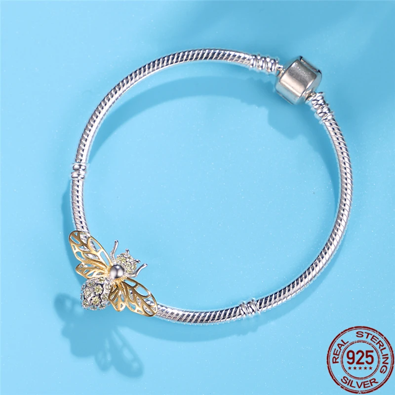 

925 Sterling Silver Golden Hollow lnlaid Zirconium Hornet Fit Original 3mm Bracelet For Women Birthday Fashion Jewelry Gift