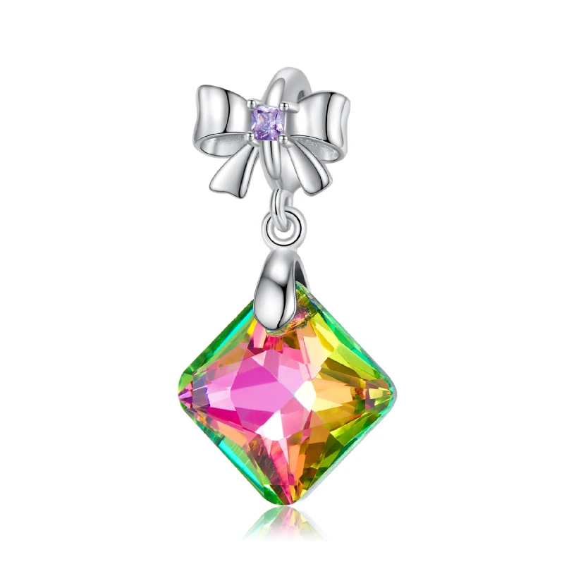 

LUNARIEEN Bow Crystal Pendant 925 Sterling Silver Charms Rose Red Light Prismatic Crystal for Necklace Bracelet Women Jewelry