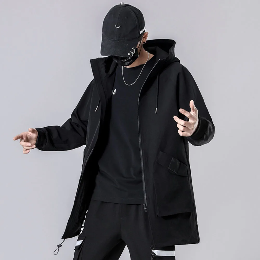 

Тренчкот мужской длинный, ветровка с капюшоном, куртка Techwear черного цвета, весна-осень 2021