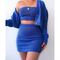 3pcs women sexy knitted outfits autumn winter solid tube crop top mini skirt long sleeve cardigan sweater sets