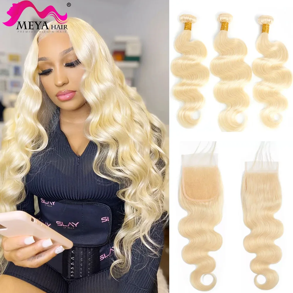 

613 Blonde Bundles With Closure Frontal Peruvian Body Wave 3 4 Bundles Remy Human Hair HD Transparent Lace Closure With Bundles
