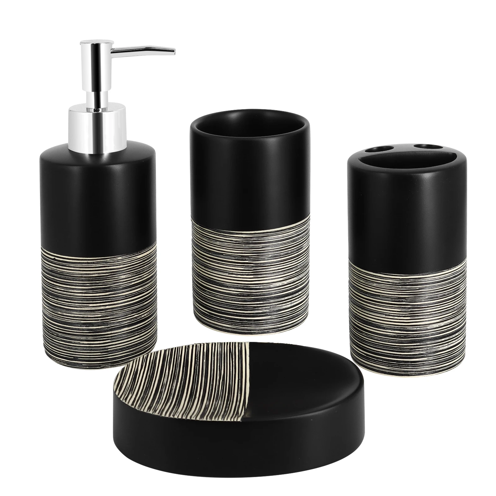 

4 Pcs Black Resin Bathroom Accessories Set, Include Lotion Dispenser Soap Pump, Toothbrush Holder, Tumblers, Soap Dish (Stripe)