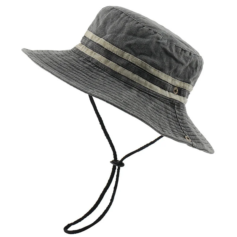 

High Quality New Washed Cotton Mens Bucket Hat Boonie Hat Cap Womens Mens Striped Design Sun Hats Hiking Camping Hat