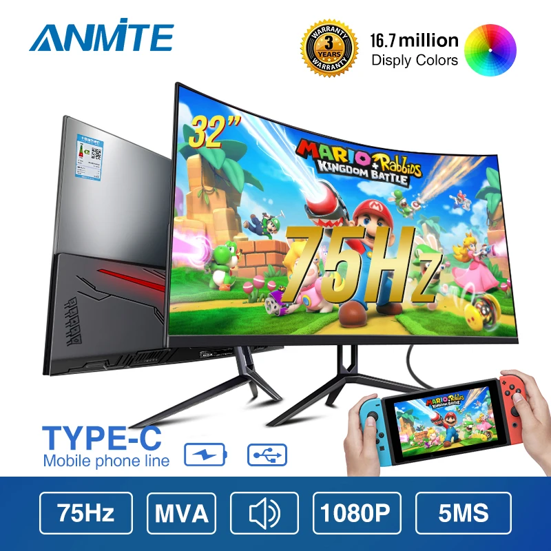 ANMITE 27-дюймовый 75 Гц HDR изогнутый FHD [1920 x 1080] монитор для игр на ПК с USB Type-C, HDMI, ультратонкий экран USB-C.