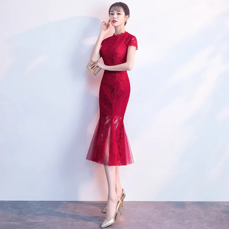 Традиционное вечерние йское платье-Русалка бордовый Чонсам Qipao вечернее платье