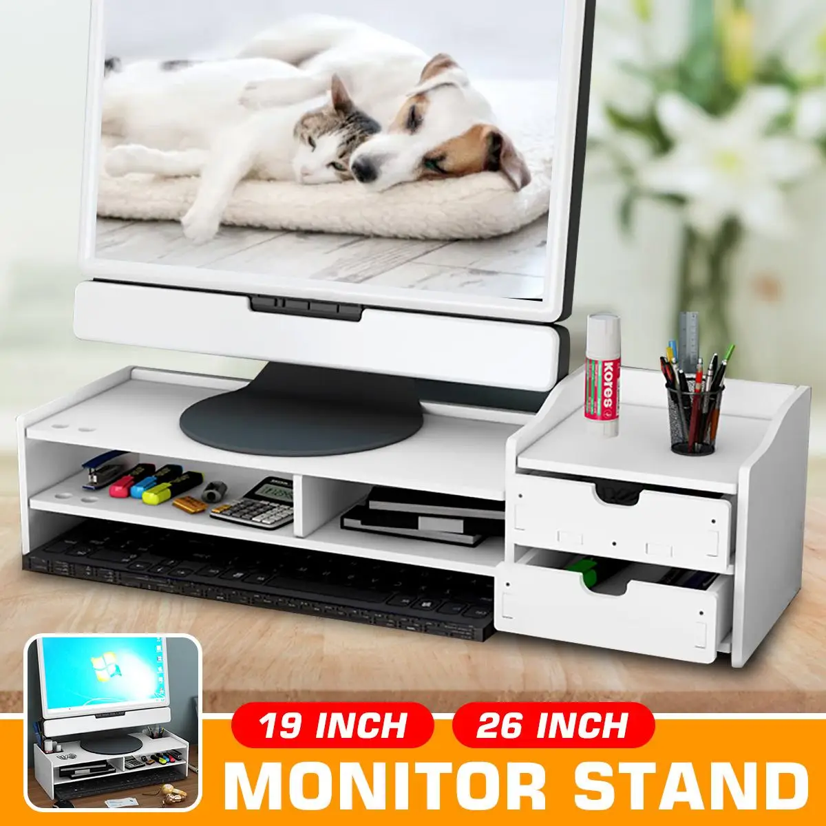 

2-Tiers Wooden Home Monitor PC Stand Computer Monitor Riser Shelf PVC For Notebook TV Screen Riser With Storage Organizer Shelf