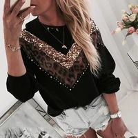 leopard print patchwork sweater plus size women long sleeve chic top spring autumn tees femme ladies clothes