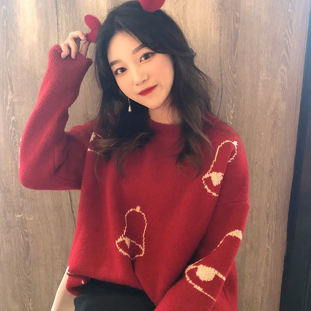 C Christmas Women Sweater Santa Claus Reindeer Printed O-neck Long Sleeve Women Pullovers Winter Jumpers Knitwear Sweater - Color: C