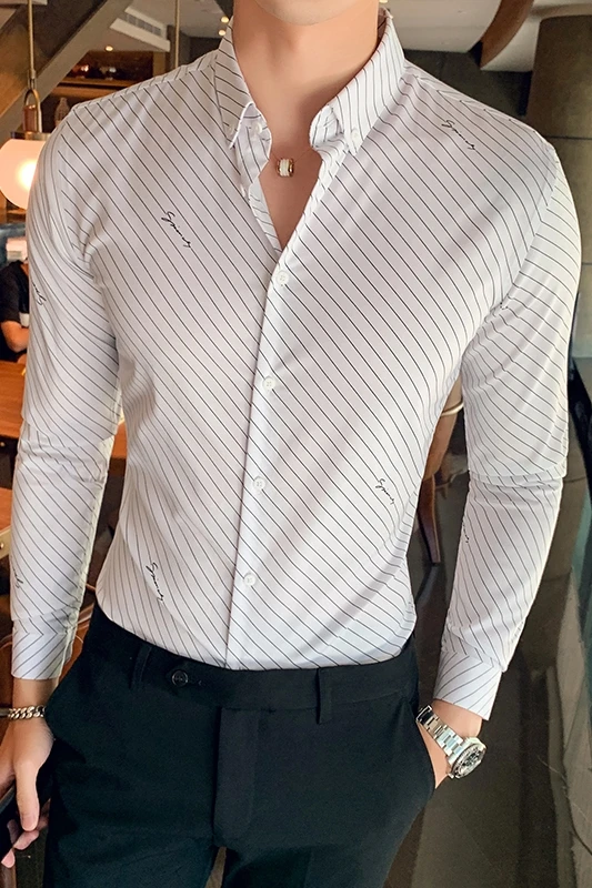 Chemise Homme британский стиль Для мужчин рубашка в полоску с длинными рукавами, высокое качество, отложной воротник, деловая, общественная рубашки Для мужчин клубный костюм-смокинг