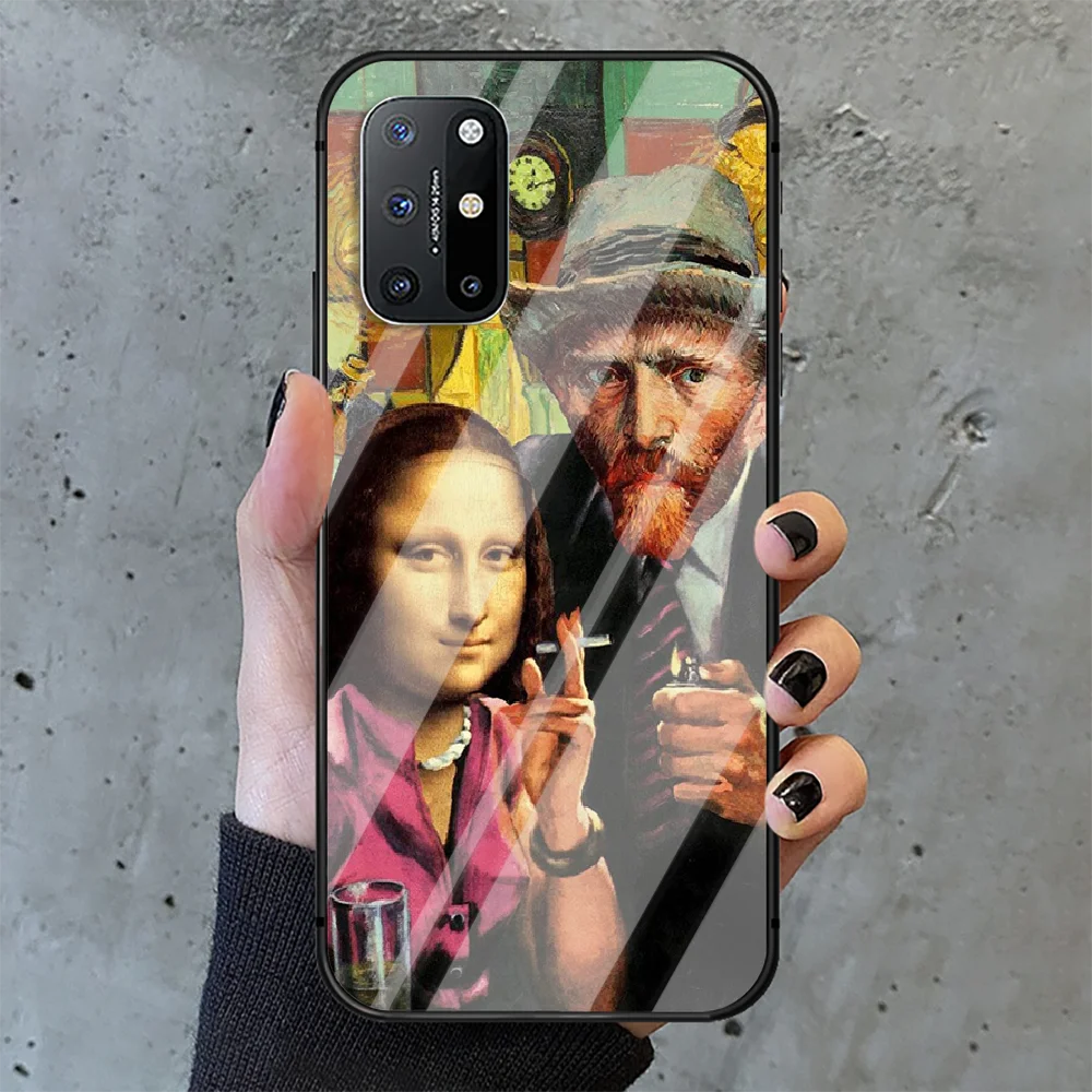 

Funny Art Mona Lisa Paint Phone Tempered Glass Case Cover For Oneplus 5 6 7 8 9 Nord T Pro Fashion Trend Shell Black Etui 3D