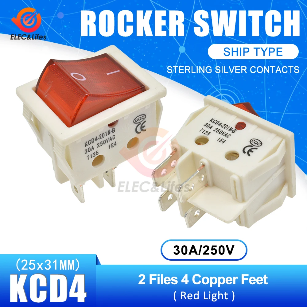 Red White 4pin 30A 250V 4 6 Pin ON-OFF кулисный переключатель для лодки контакты из стерлингового серебра KCD4 выключатель питания со светодиодным индикатором светильник 30A/250V 25*31MM - Цвет: Red White 4pin