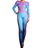 fashion pink beaded long sleeve blue plaid women jumpsuits stretch skinny spandex bodysuits nightclub singer dancer stage wear