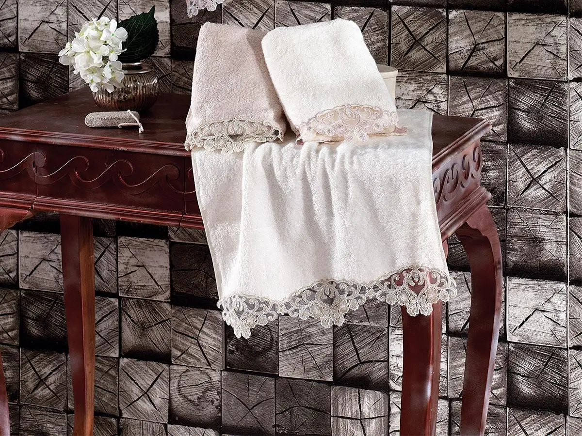 Маргаритка Французский Кружева Люкс бамбуковое полотенце 2'li сырой белый