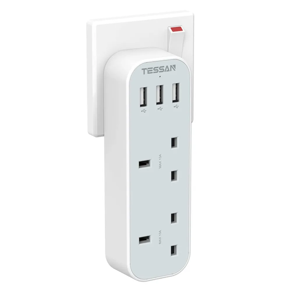 

TESSAN Double UK Plug Adaptor with 3 USB Port 2 Way Multi Plugs Extension Adapter Home Office Wall Charger Socket Power Extender