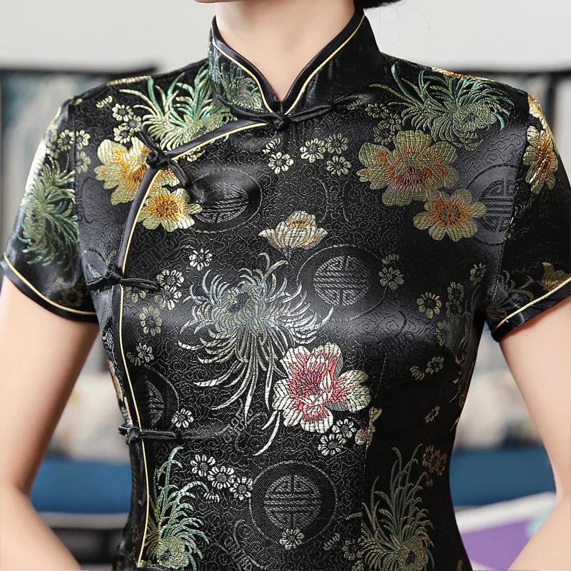 Восточное китайское платье, китайский халат, женское атласное Qipao Vestidos, длинное традиционное платье с цветочным принтом, вечерние платья с воротником-стойкой