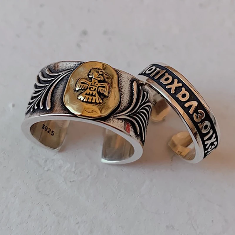 

Letter Initial Golden Eagle Chunky Resizable 925 Sterling Silver Ring Set For Women Men Thumb Punk Designer Jewelry Wholesale