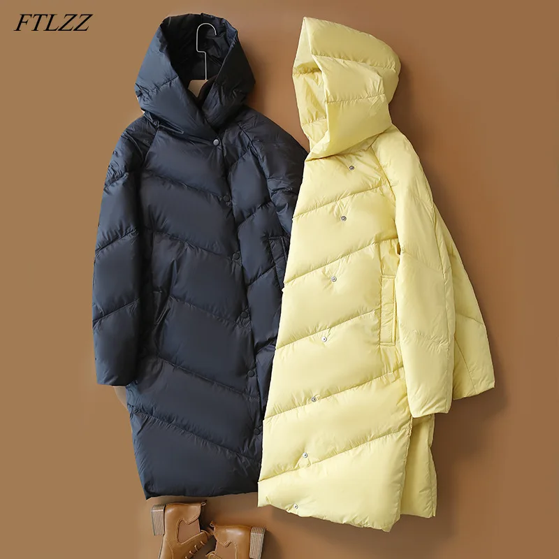 

FTLZZ Winter Hooded Light Feather Long Jacket Women Loose Fit Warm Down Coat Solid Color Fluffy Puffer Snow Outwear Chic Female