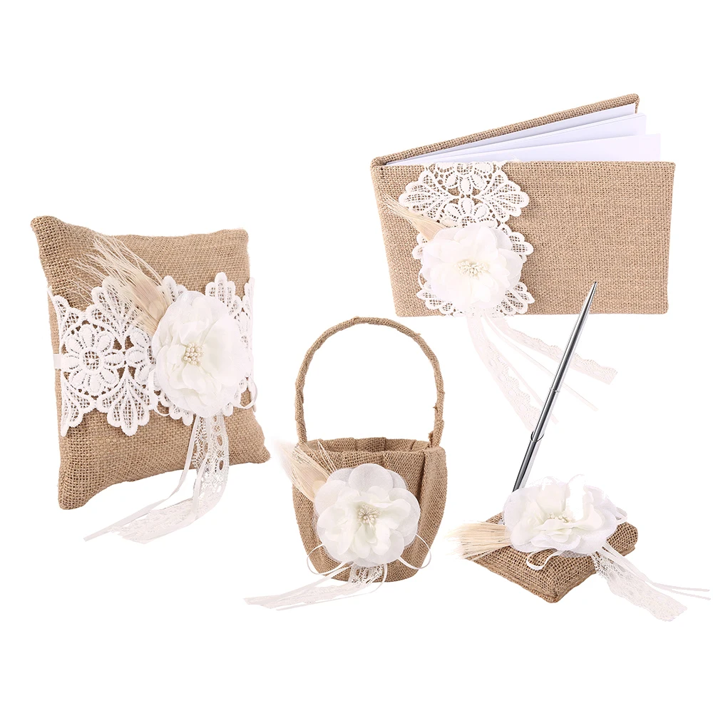 4 шт мешковины Hessian льняные кружева винтажная Свадебная церемония Гостевая книга