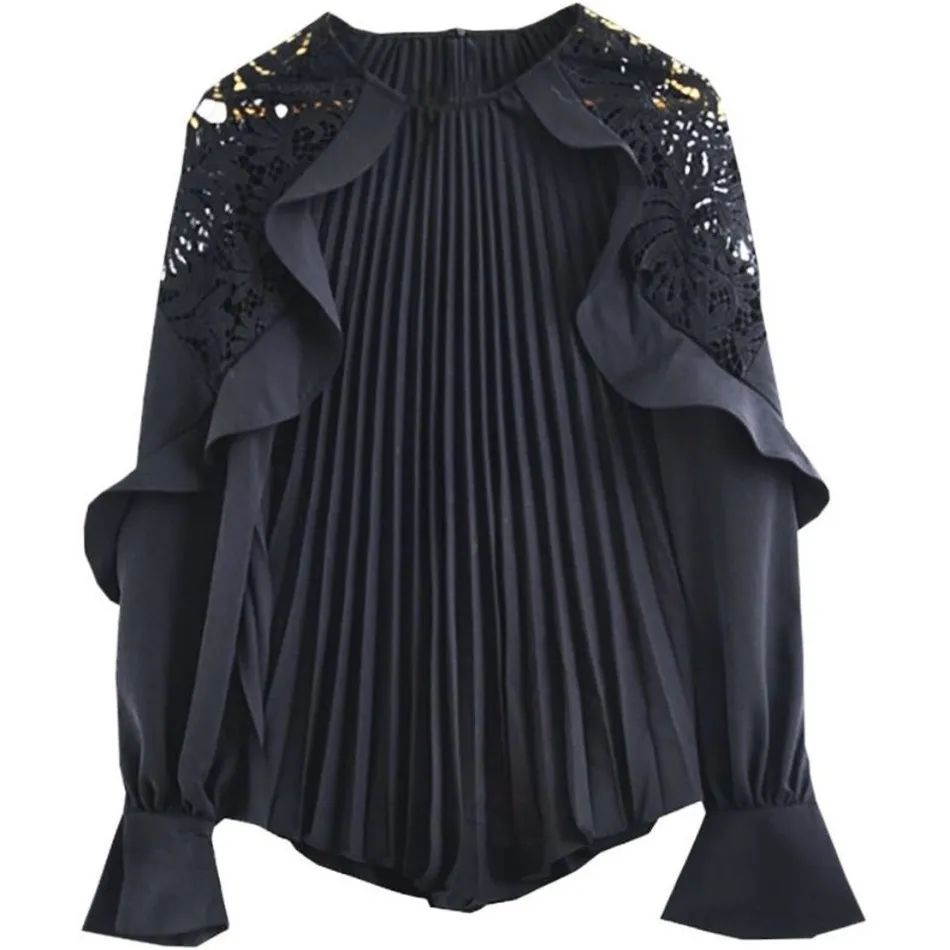 Женская шифоновая блуза с длинным рукавом круглым вырезом и кружевом | одежда