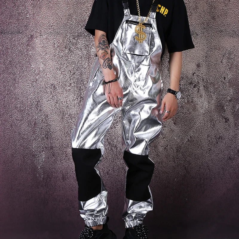 

Men Streetwear Hip Hop Punk Silver Leather Overalls Jumpsuit Pant Male Women Fashion Casual Bib Pant Harem Trouser Stage Costume