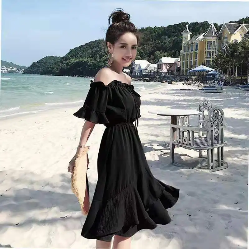 Retro Fairy Beach Dress Summer Yellow Chiffon Seaside Vacation Word Shoulder Female Solid Color | Мать и ребенок