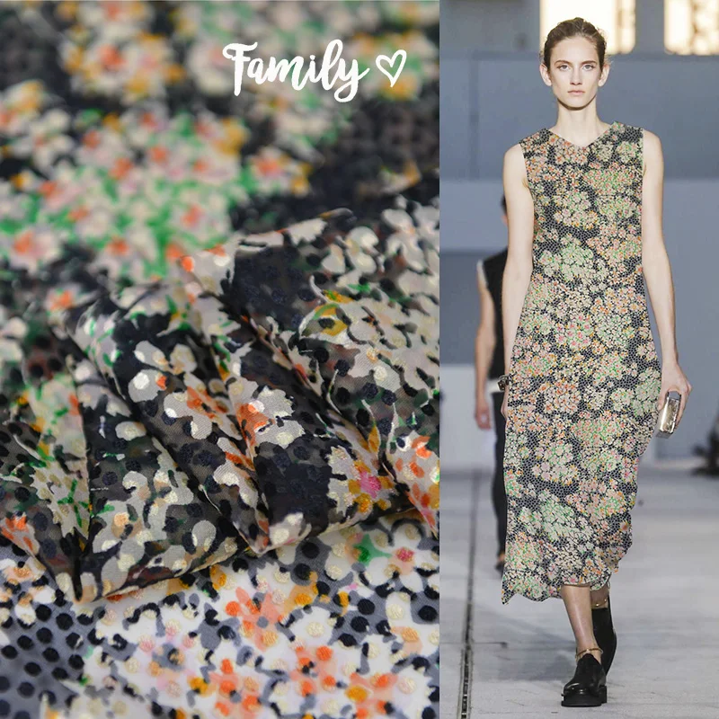 Жаккардовый черный Шелковый жоржетт этнический цветочный материал 100 см * 135 | Дом