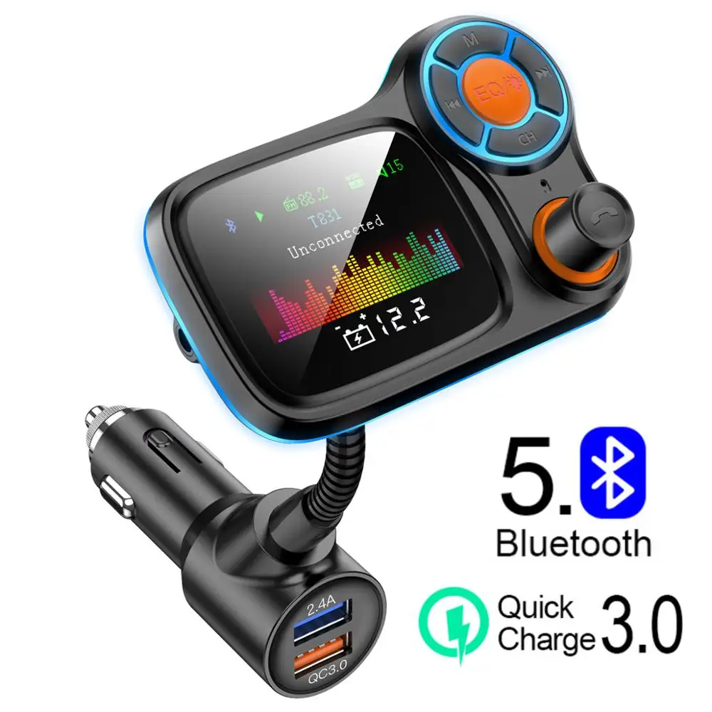 

JINSERA FM transmitter Modulator Wireless Bluetooth 5.0 AUX Car MP3 Player QC3.0 USB Charger Handsfree Color Screen Car Kit