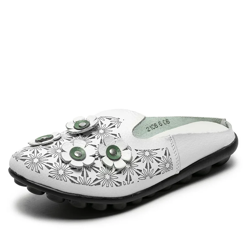 

Low top flat flower half slippers large size 44 women's shoes breathable nurse small white shoes Genuine Leather slippers