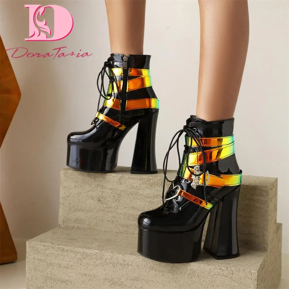 Doratasia Design Brand New Female Square High Heels Round Toe Boots Cross-Tied Zip Buckle Platform Ankle Boots Women