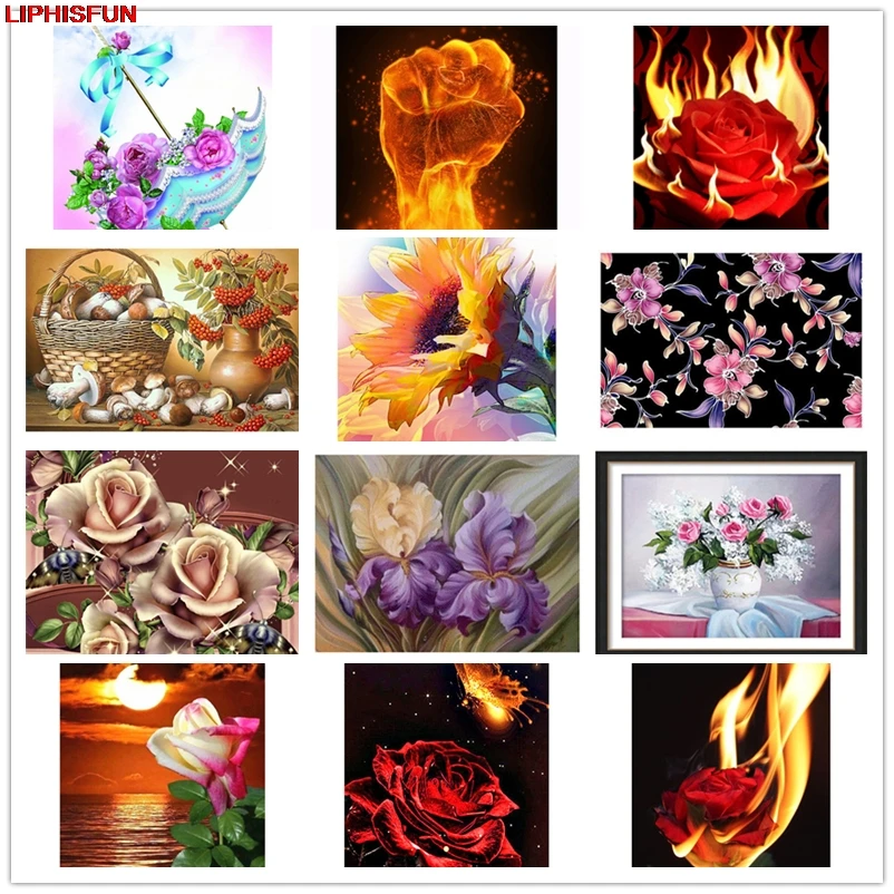 5D Full Drill Diy Diamond Painting Cross Stitch Resin Square/round Diamond Embroidery Home Decoration  flower rose fire hand