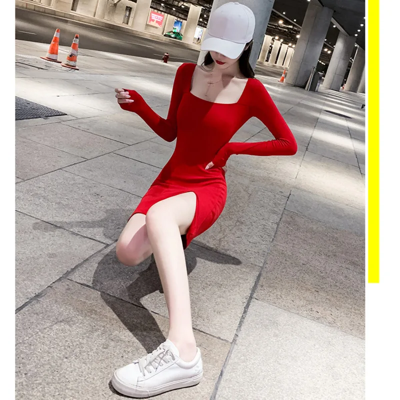 

Summer Women's Dress 2021 Slim Body Nightclub Bar Party Mini Sexy Bodycon Long Sleeve Square Collar Split Vintage Black Dress
