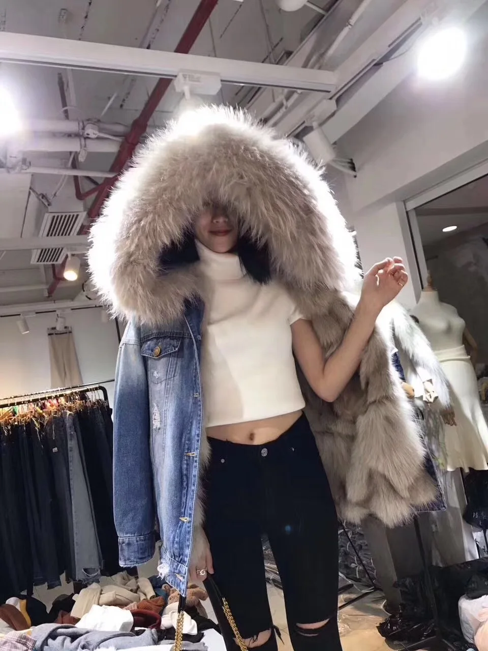 

real fox fur women ladies jeans parka
