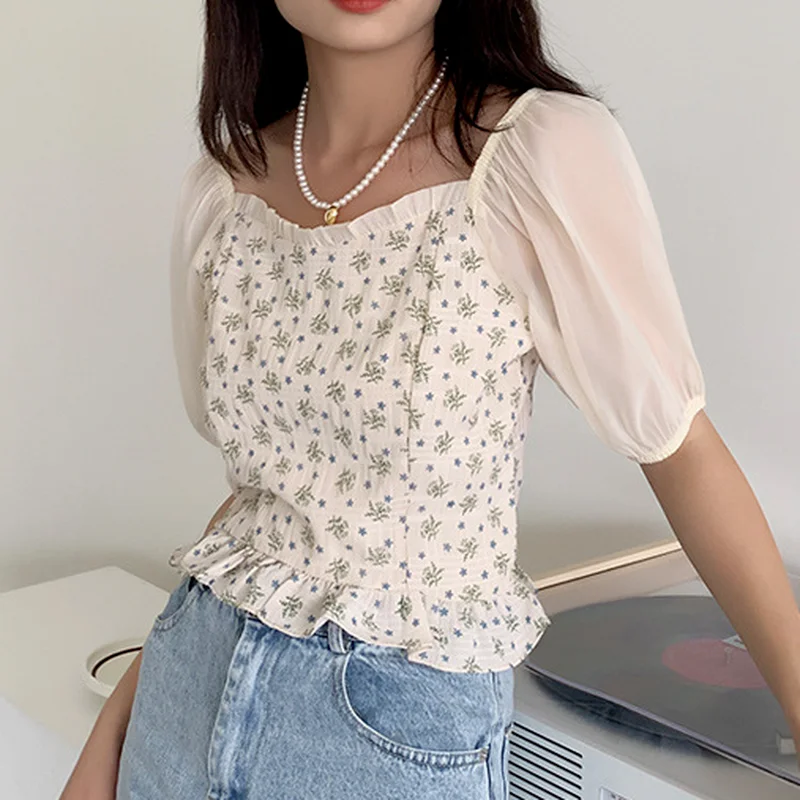 

Temperament Square Collar Short Blouses Women Shirts Fashion Mesh Patchwork Womens Crop Tops Summer Fresh Blusas Mujer De