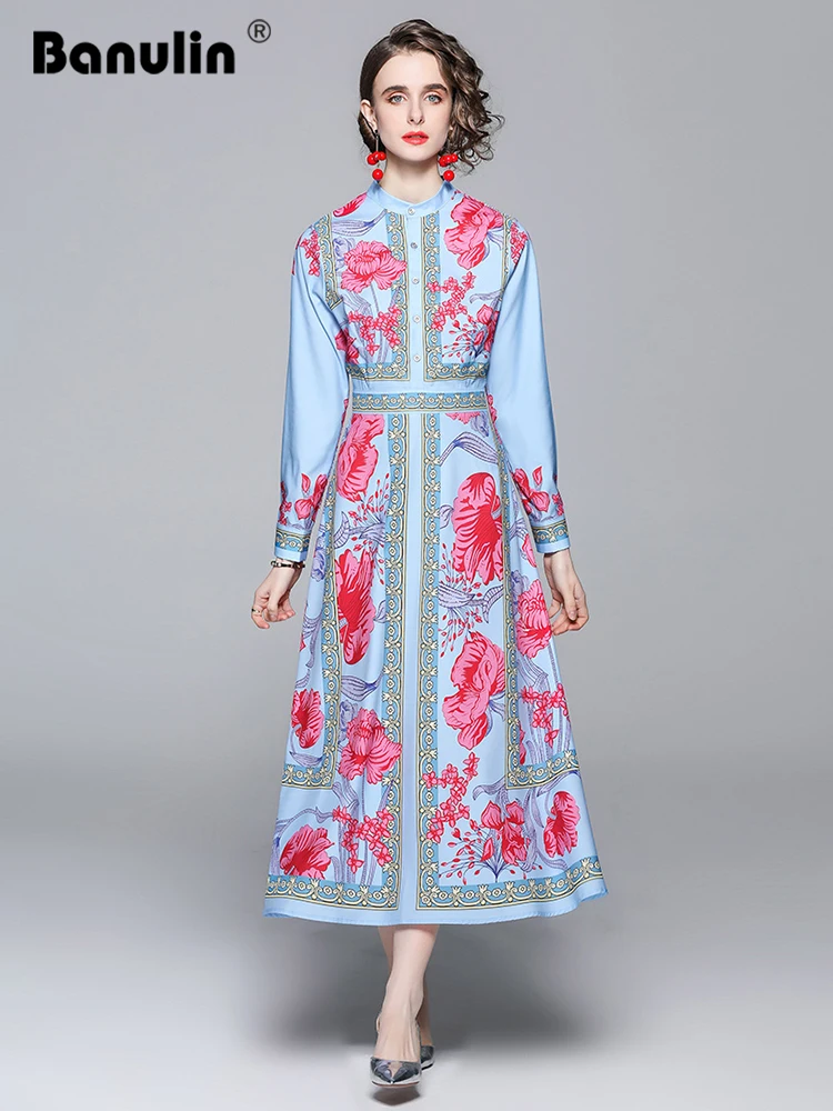 

2022 Fashion Designer Flower Dress Women's Long Sleeve Single-Breasted Vintage Blue Contrast Printing Vacation Party Vestidos
