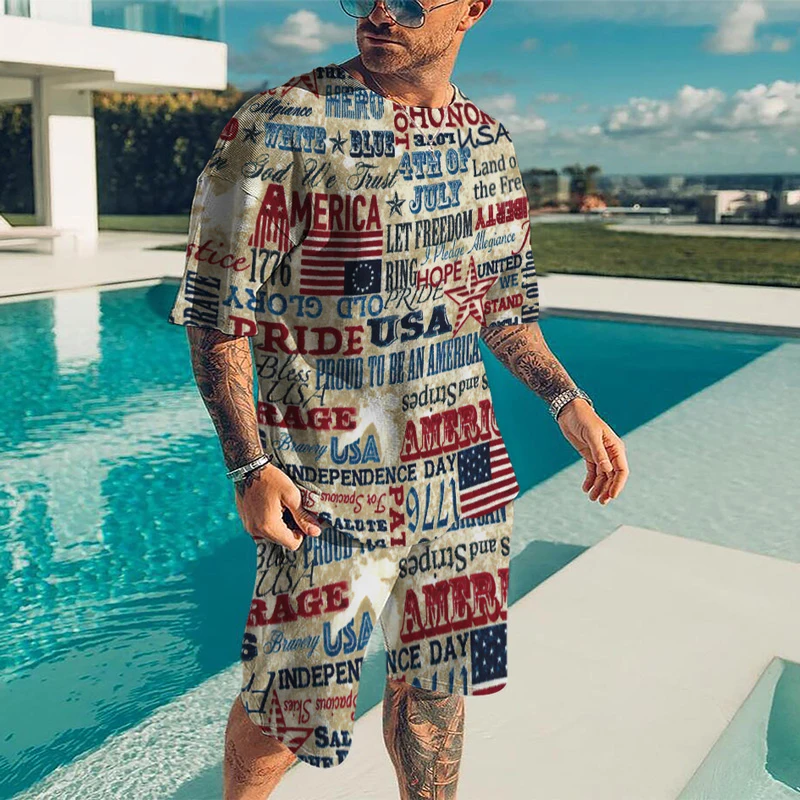 

Letter Printing Men's T-Shirt Suit 3D Printing Art Pattern National Flag O-Neck Short-Sleeved Casual Shopping Handsome Clothes