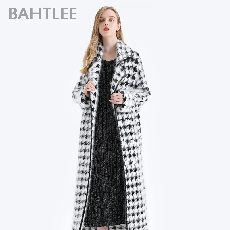 BAHTLEE Women Angora Long Coat Houndstooth Pattern Sweater Winter Wool Knitted Cardigans Jumper Turn Down Collar Sleeves |