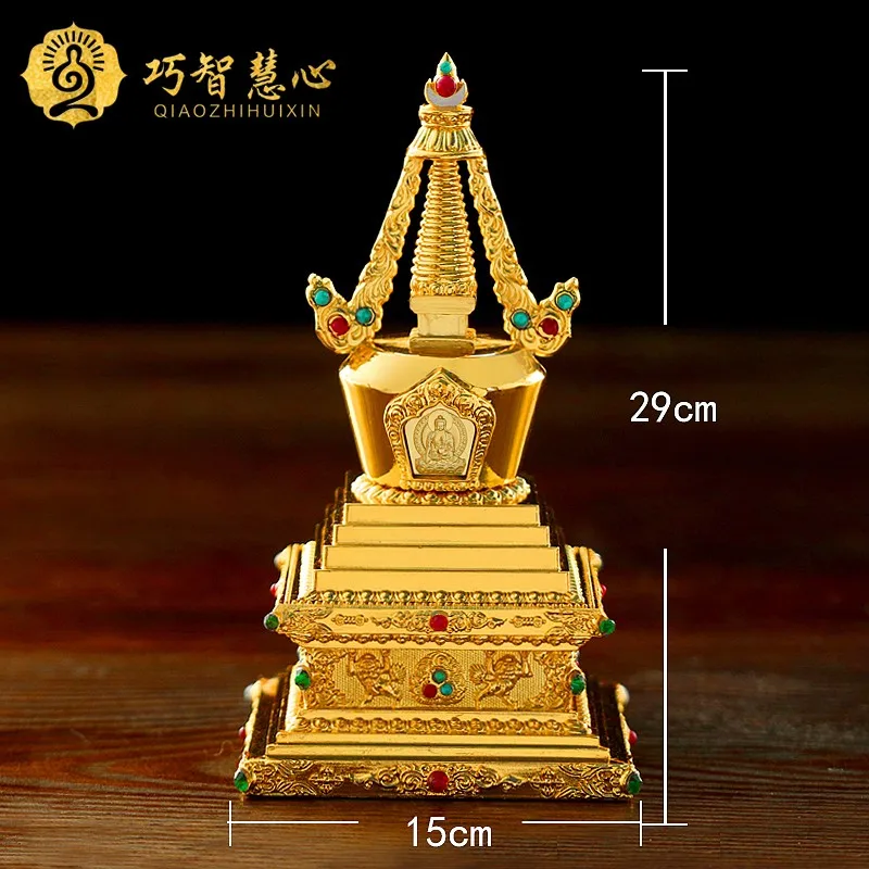 Copper Crafts Stupa Tibetan Buddhist stupa supplies Bodhi pagoda 6inch gold fine workmanship Buddha tower can install reservoir